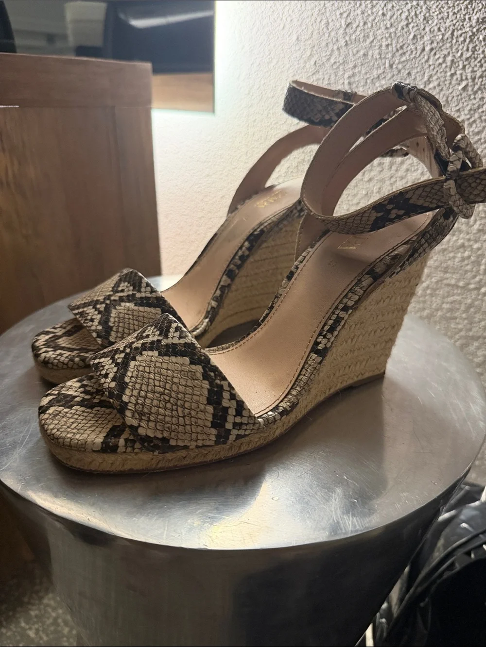 Zara Beige and Black Snake-Print Espadrille Wedge Sandals